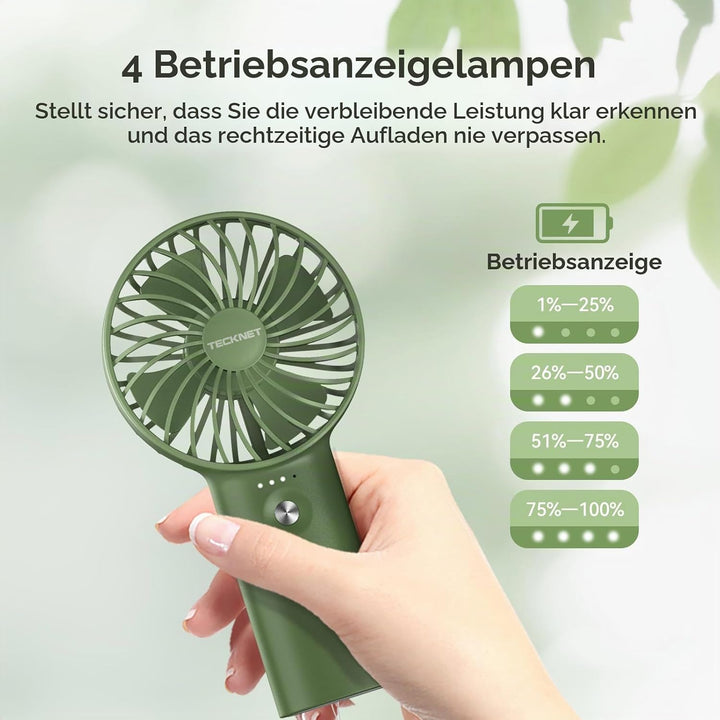 TECKNET Tragbarer Handventilator mit 5200mAh Akku, Wiederaufladbar, Grün | 3 Einstellbare Geschwindi