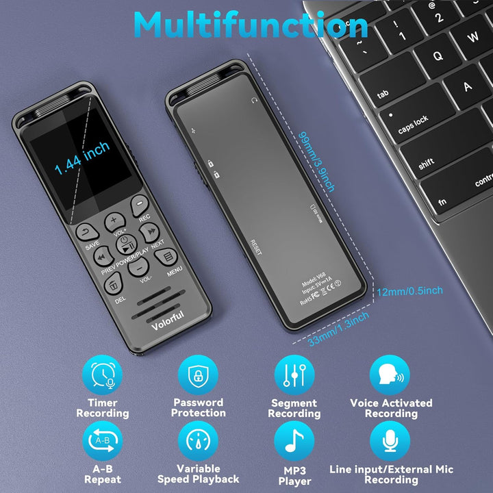 48GB Diktiergerät Digital 70 Std Aufnahmegerät mit Externem Mikrofon, Volorful 1,44" Farbbildschirm