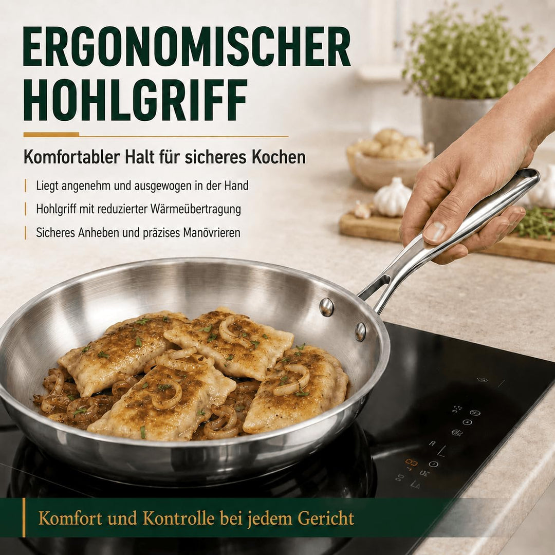 Edelstahlpfanne 28 cm mit Deckel, 5-Schicht Bratpfanne Unbeschichtet, Gleichmässige Wärmeverteilung,
