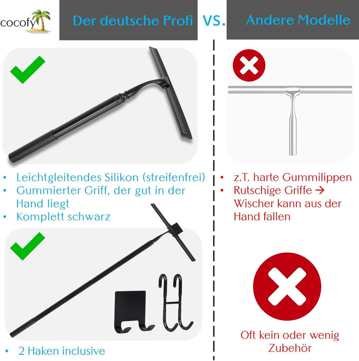 Duschabzieher mit Teleskopstiel 43-153 cm lang 25 cm breit, 2 Haken, Duschabzieher Langer Stiel, Tel