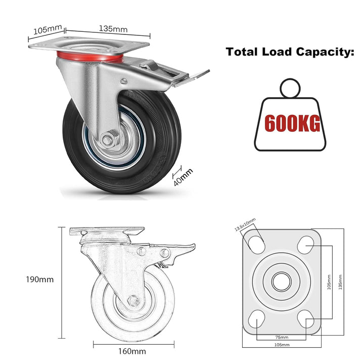 4 Stück Schwerlastrollen 160mm Lenkrollen Transportrollen mit bremse bis 600kg Palettenrollen Rollen