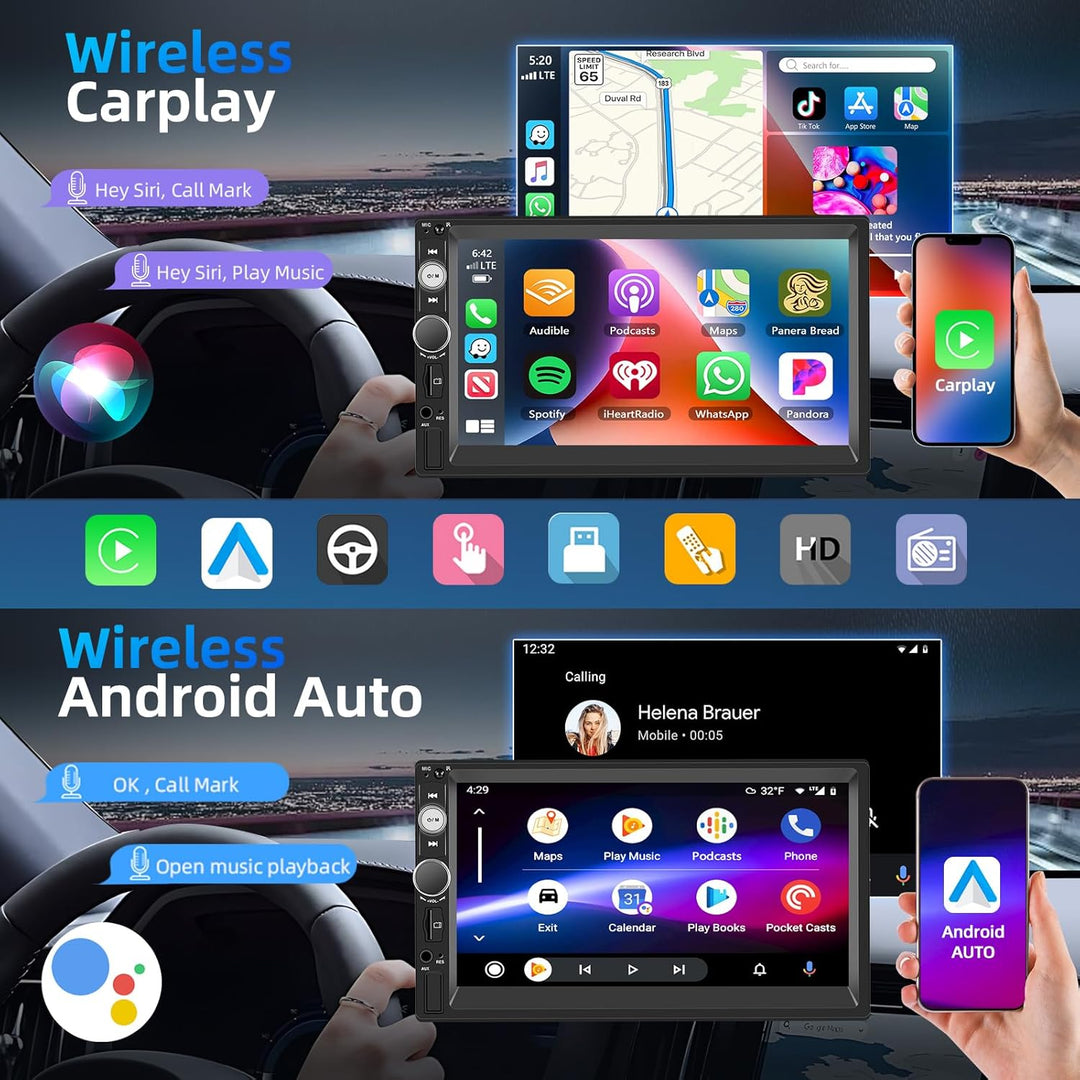 Wireless Carplay Android Auto 2 Din Autoradio, 7" HD Touchscreen Car Stereo MP5 Player, Unterstützun