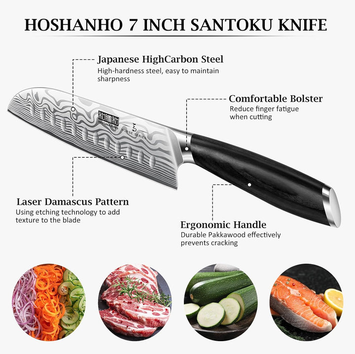 HOSHANHO 18 cm Santokumesser, Ultrascharfes Japanisches Küchenmesser aus Pulverisiertem Kohlenstoffs