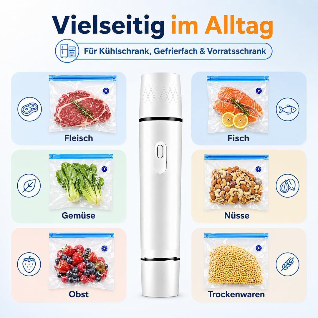 Handvakuumierer mit 30 Wiederverwendbare Vakuumbeutel | Tragbares Vakuumiergerät für Lebensmittelkon