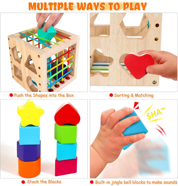HELLOWOOD Sortierspiel Montessori Steckwürfel ab 1 Jahr, Lernspielzeug Motorikwürfel mit 8 Steckbaus