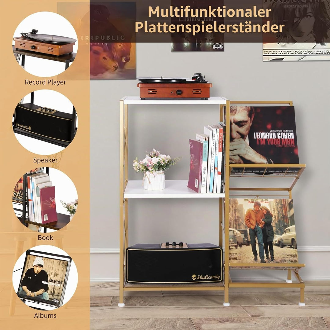 HYCFYJR Plattenspieler Ständer, Schallplatten Aufbewahrung mit 2-stufiger Vinyl Halter und Metallrah