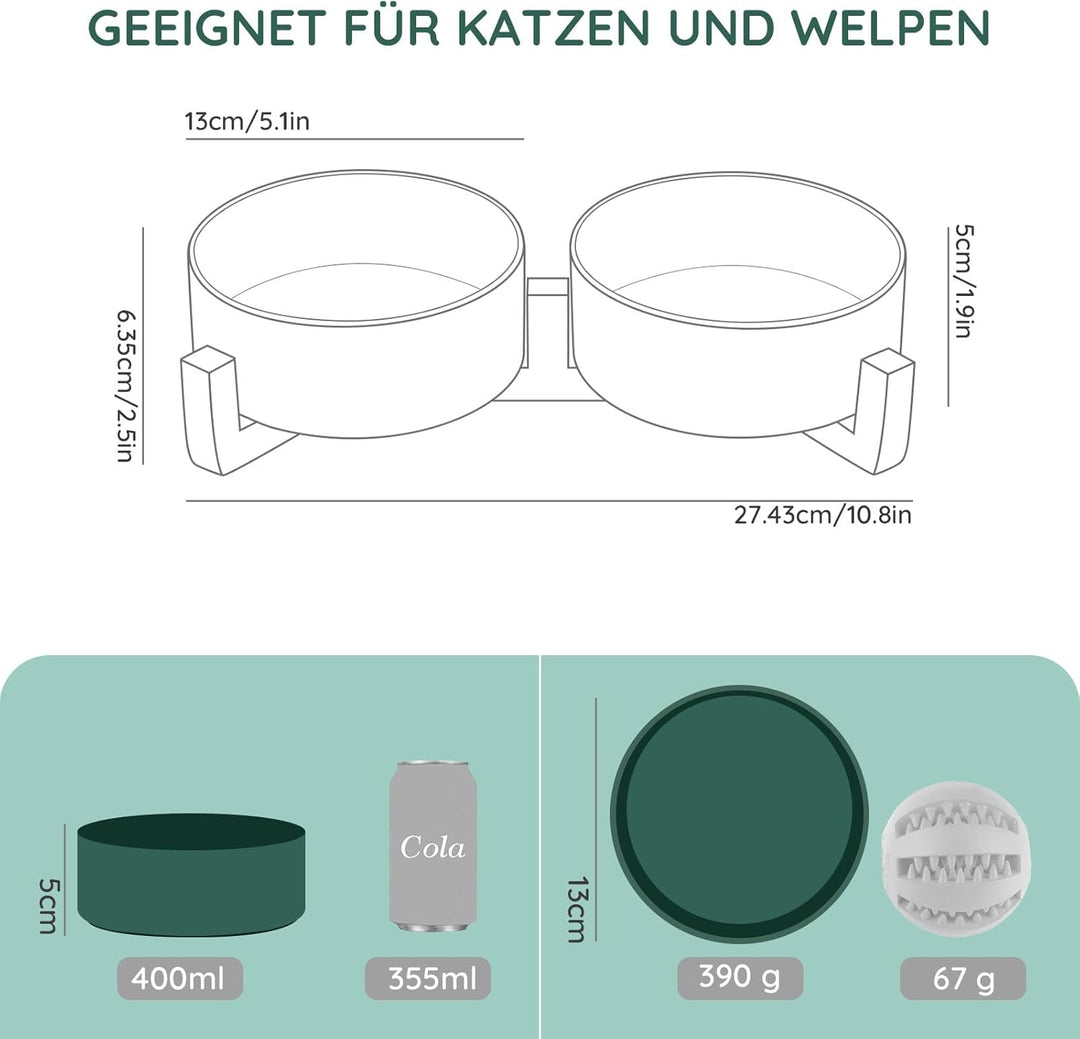 SPUNKYJUNKY Hundenapf Keramik Doppel Hund Futternapf mit Bambus Ständer für Katzen und Hunde (400ml,