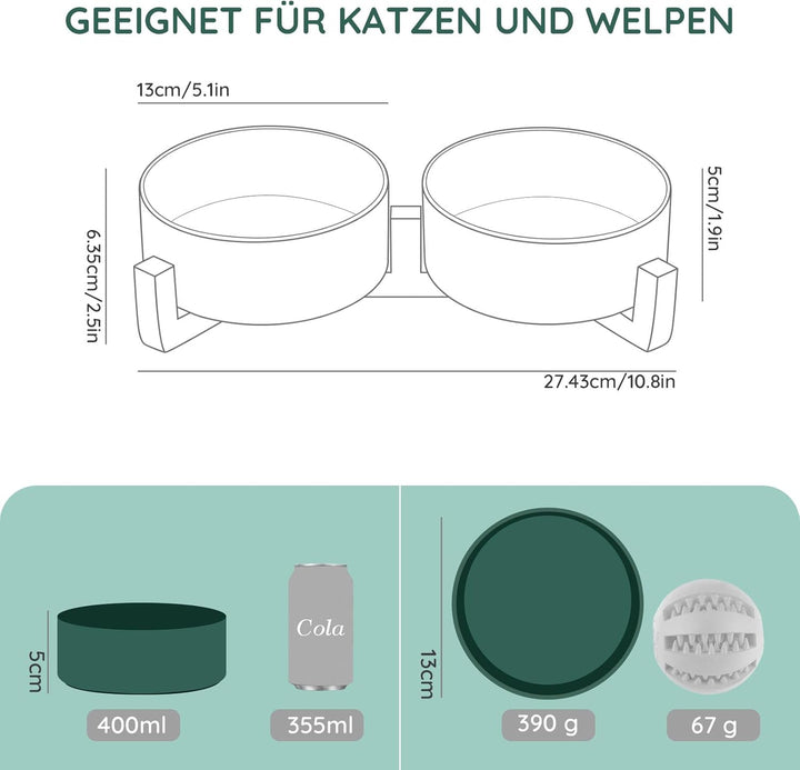 SPUNKYJUNKY Hundenapf Keramik Doppel Hund Futternapf mit Bambus Ständer für Katzen und Hunde (400ml,
