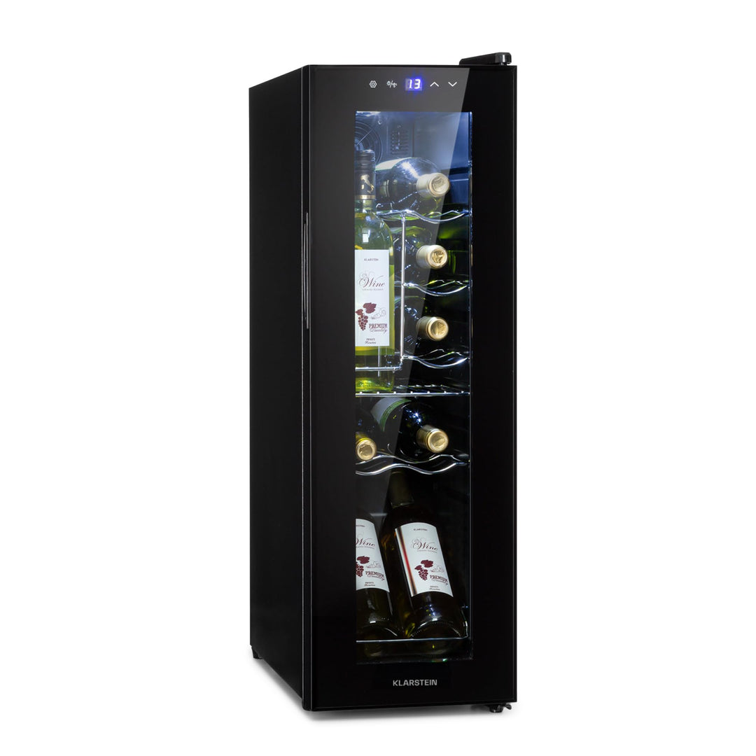Klarstein Shiraz Weinkühlschrank Schwarz – 12 Flaschen, 32 L, 1 Zone | Getränkekühlschrank mit Glast