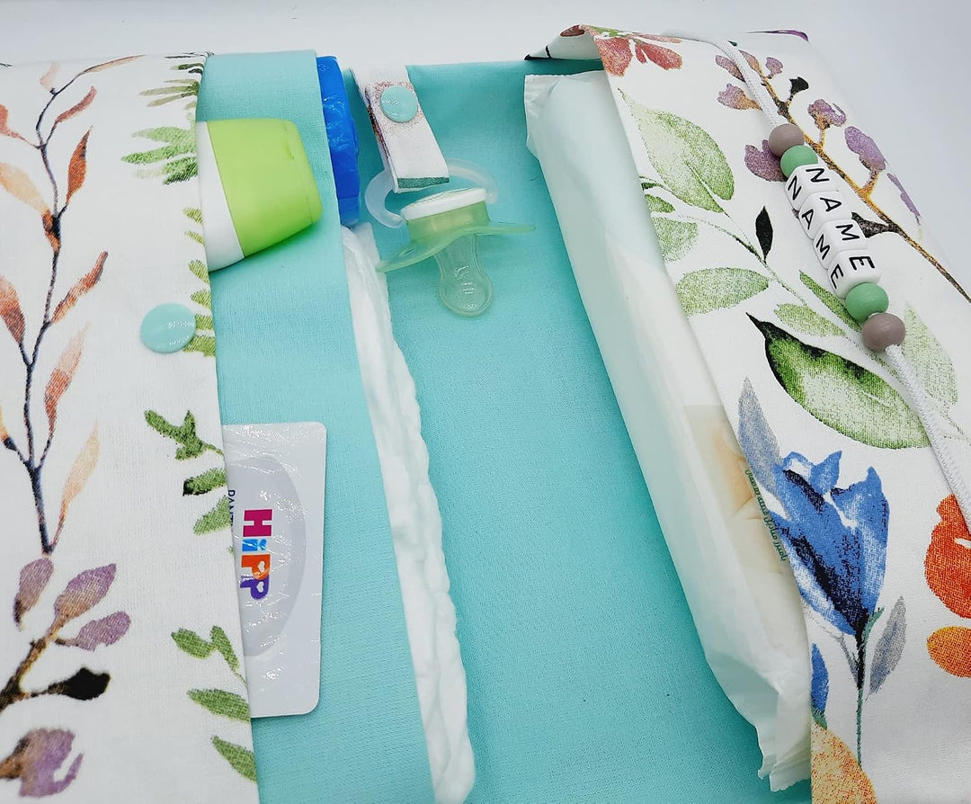 Grosse Windeltasche XXL mit Name Wickeltasche bunte Wiese weiss mint