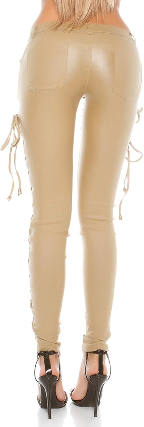 Koucla Lederlook Skinny Hose mit Schnürung - Lederoptik Low Cut Pants Leggings Schwarz Beige Rot Wei