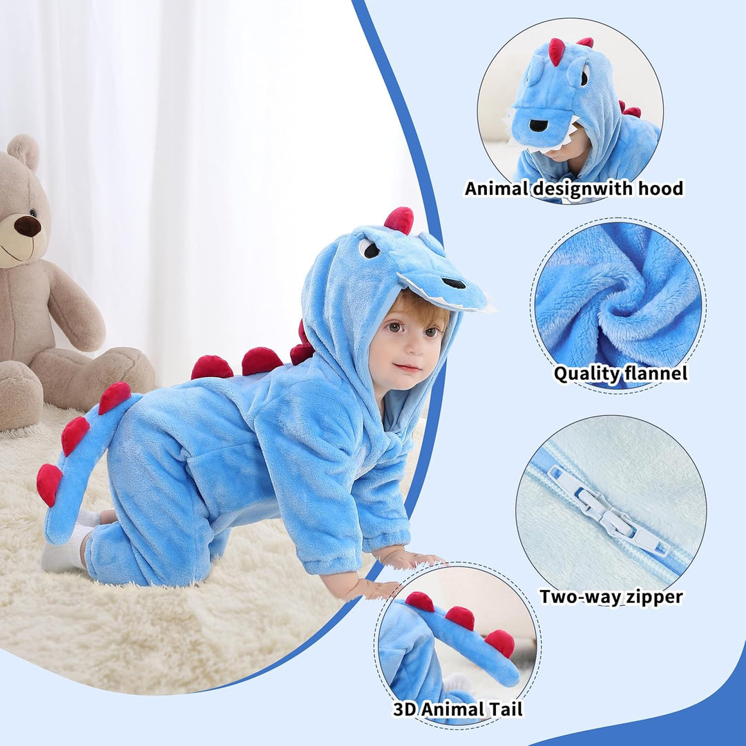 LOLANTA Baby Dinosaurier Drachen Kostüm mit Kapuze, Kinder Flanell Overall, Karneval Kostüm für Klei