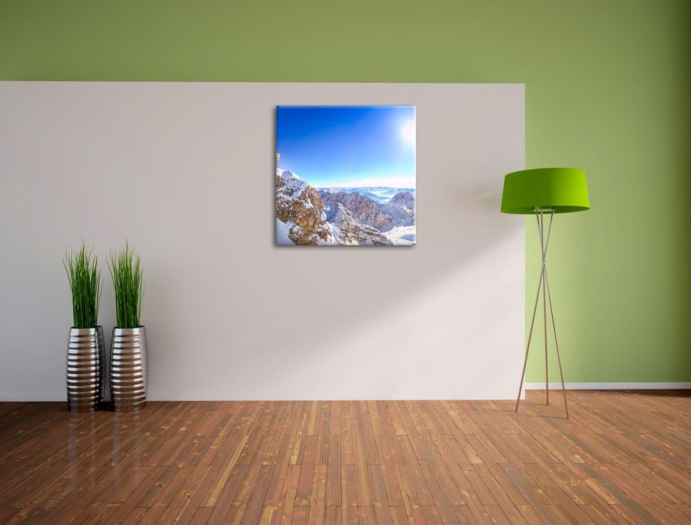 Zugspitze im Sonnenlicht, Format: 70x70 auf Leinwand, XXL riesige Bilder fertig gerahmt mit Keilrahm