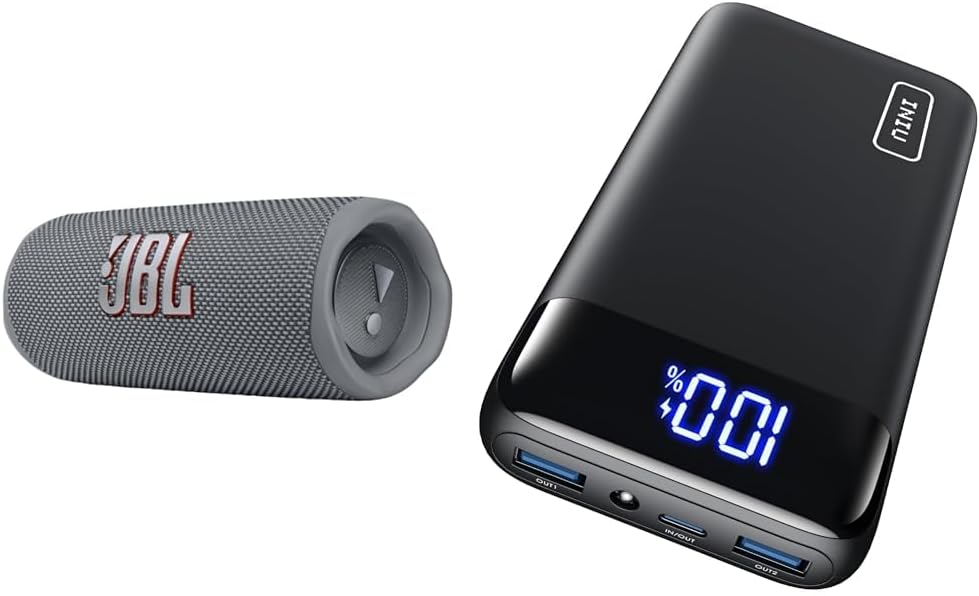JBL Flip 6 Bluetooth Box in Grau – Wasserdichter, tragbarer Lautsprecher & INIU Power Bank, 20000mAh