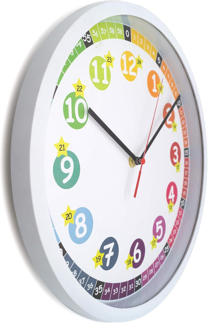 K&L Wall Art Lautlose Kinder Wanduhr Regenbogen Lernuhr für Mädchen und Jungen Kinderwanduhr 30cm Du