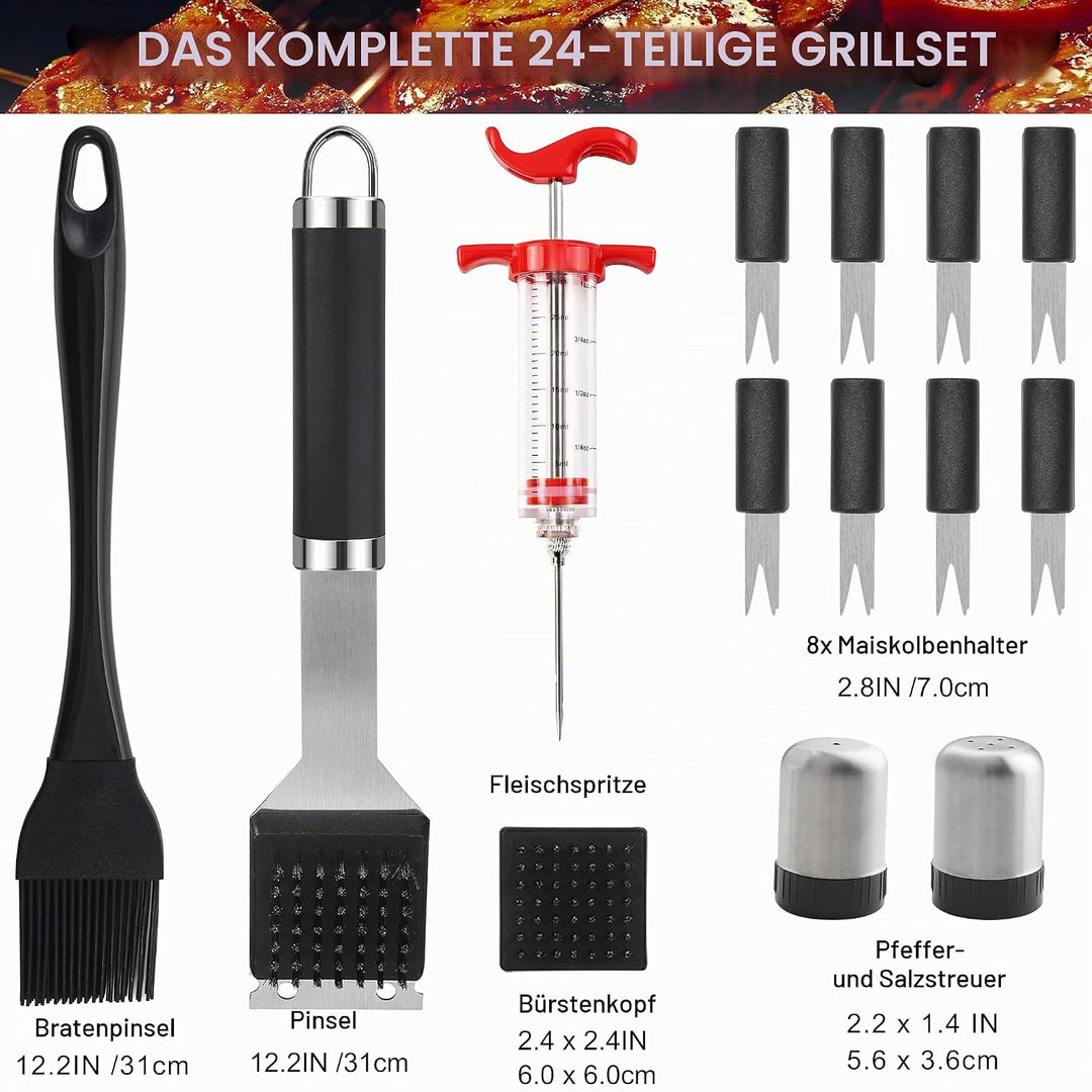 grilljoy Grillbesteck Set 24-teilig aus Edelstahl mit Aluminiumkoffer – Hitzebeständige Griffe &amp; rut
