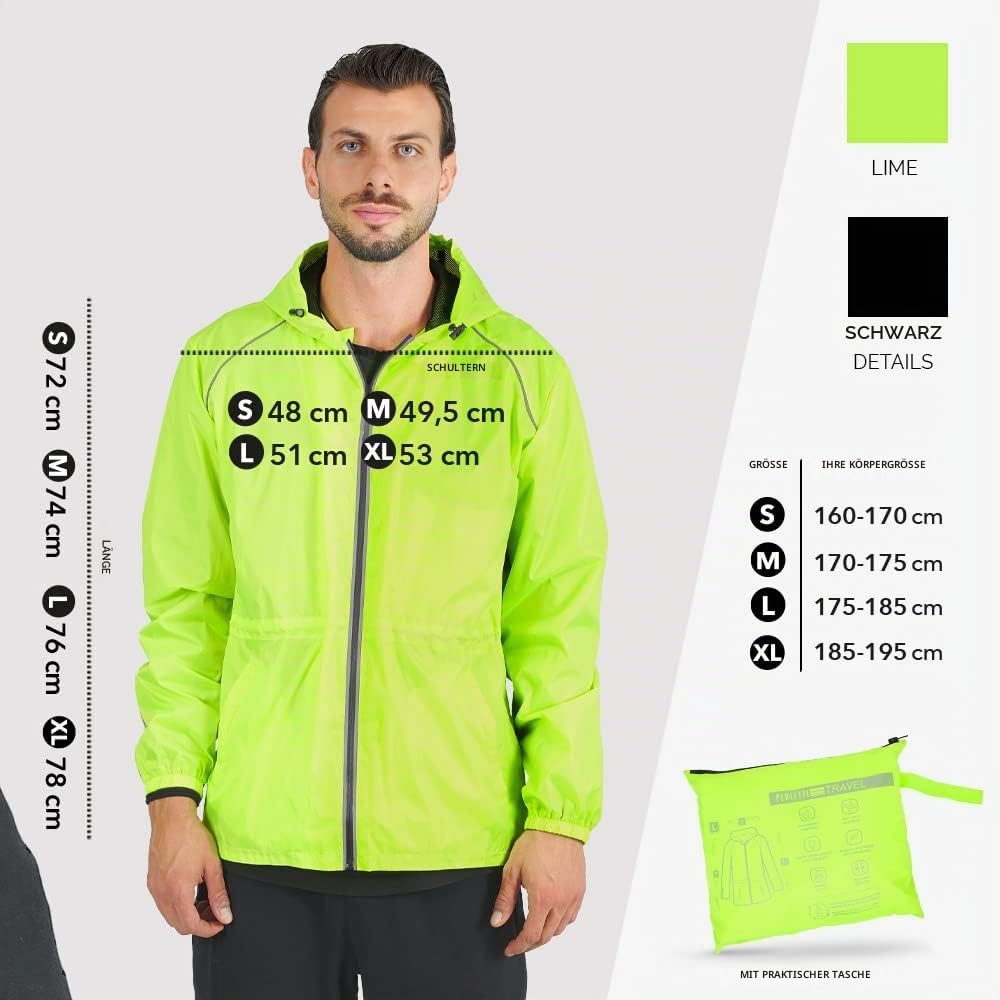 PERLETTI Regenjacke Herren Schwarz Gelb für Hohe Sichtbarkeit - Reflektierende Regenponcho Windbreak