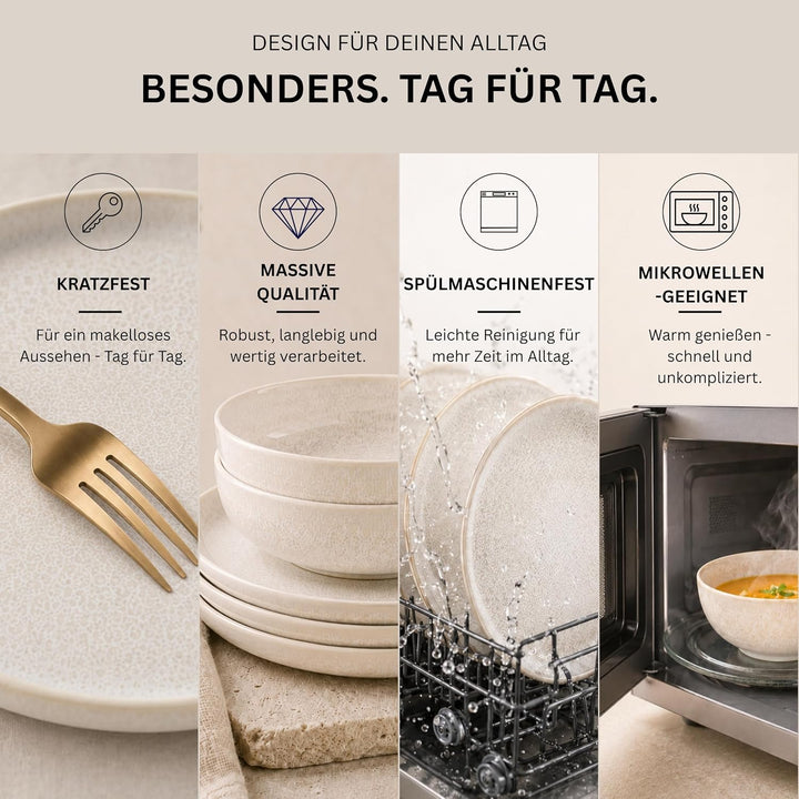 SÄNGER Korfu Servierplatten Set 11tlg Steingut in Creme Beige mit Maserung | Elegantes Anrichteplatt