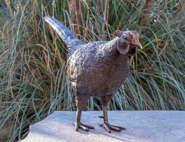 IDYL Bronze-Skulptur Fasan | 34x18x75 cm | Tierfigur aus Bronze handgefertigt | Gartenskulptur oder