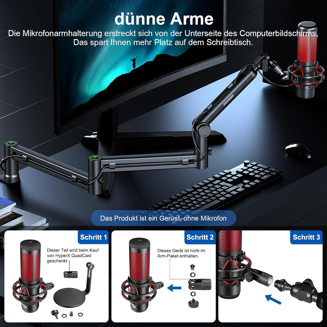 Mikrofon Arm,Aokeo AK-58i Niedriges Profil Mikrofon Ständer Arm für HyperX QuadCast,SoloCast,Elgato