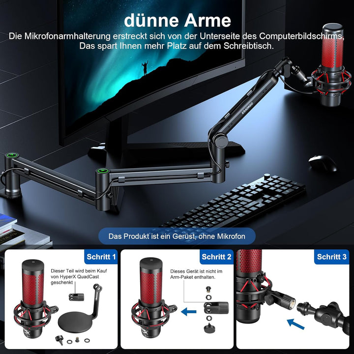 Mikrofon Arm,Aokeo AK-58i Niedriges Profil Mikrofon Ständer Arm für HyperX QuadCast,SoloCast,Elgato