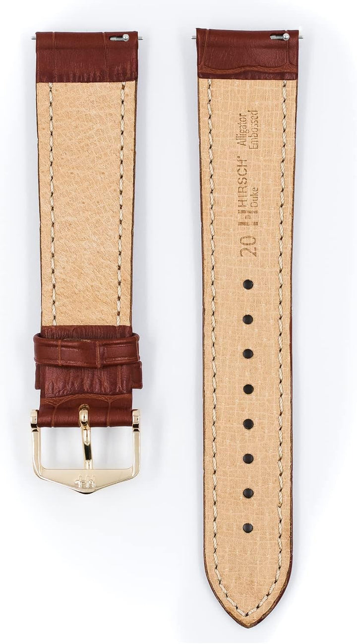 HIRSCH Uhren-Armband Duke - Uhr-Band aus italienischem Kalbs-Leder mit Alligator-Prägung 14 mm Goldb