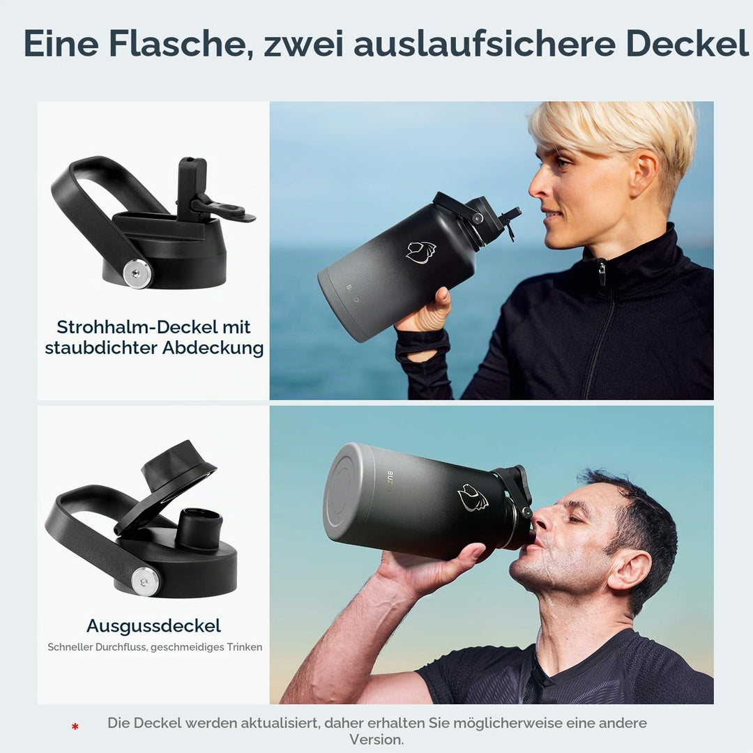 BUZIO 2L Edelstahl Trinkflasche isoliert mit Strohhalm &amp; Ausgussdeckel | Grosse Wasser-Thermoflasche