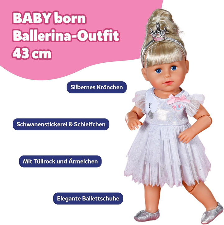 BABY Born Ballerina-Outfit - Body &amp; Tüll-Rock mit Schwanen-Stickerei - Inkl. Haarreif mit Krone &amp; Sc