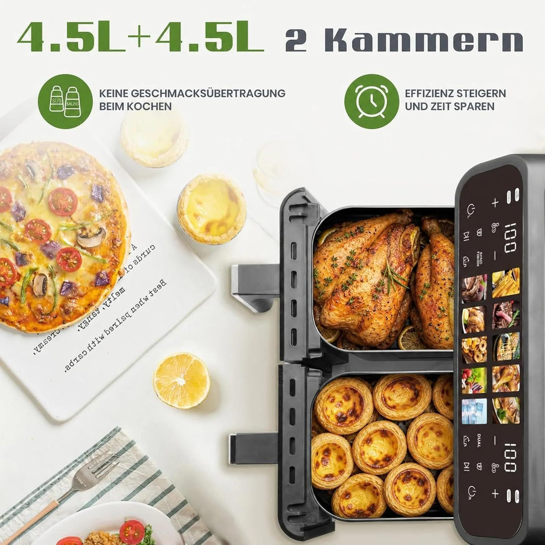 Heissluftfritteuse 9L XXL Dual 2000W, Airfryer mit 2 Kammern, Sichtfenster, Farb-Touchscreen, 10 Pro