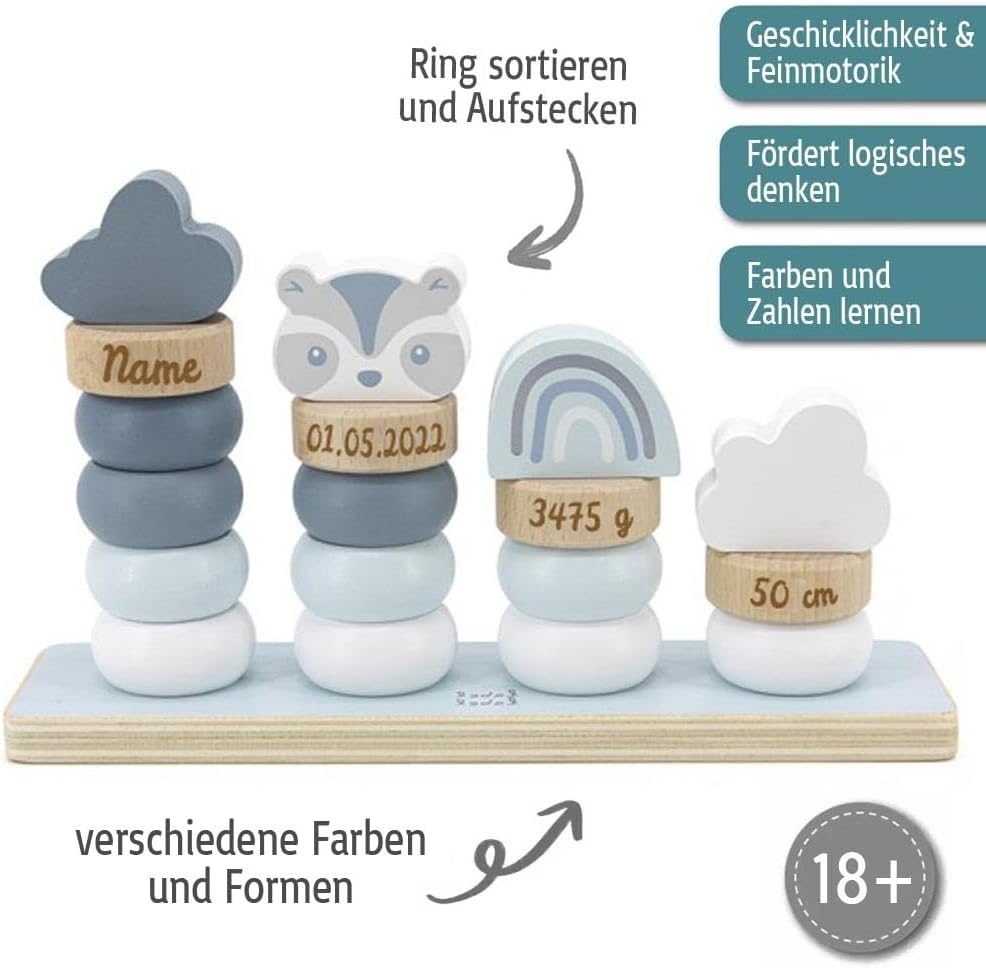 Elefantasie Stapelringe aus Holz blau personalisierbar mit Name und Geburtsdaten Baby Geschenk mit G