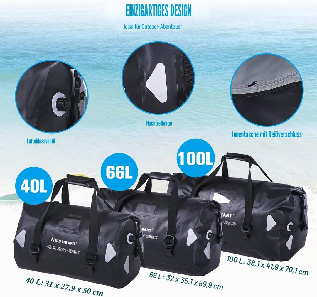 WILD HEART wasserdichte Reisetasche PVC500D Doppelboden mit Seil und Innentasche 40L 66L 100L Für Ka