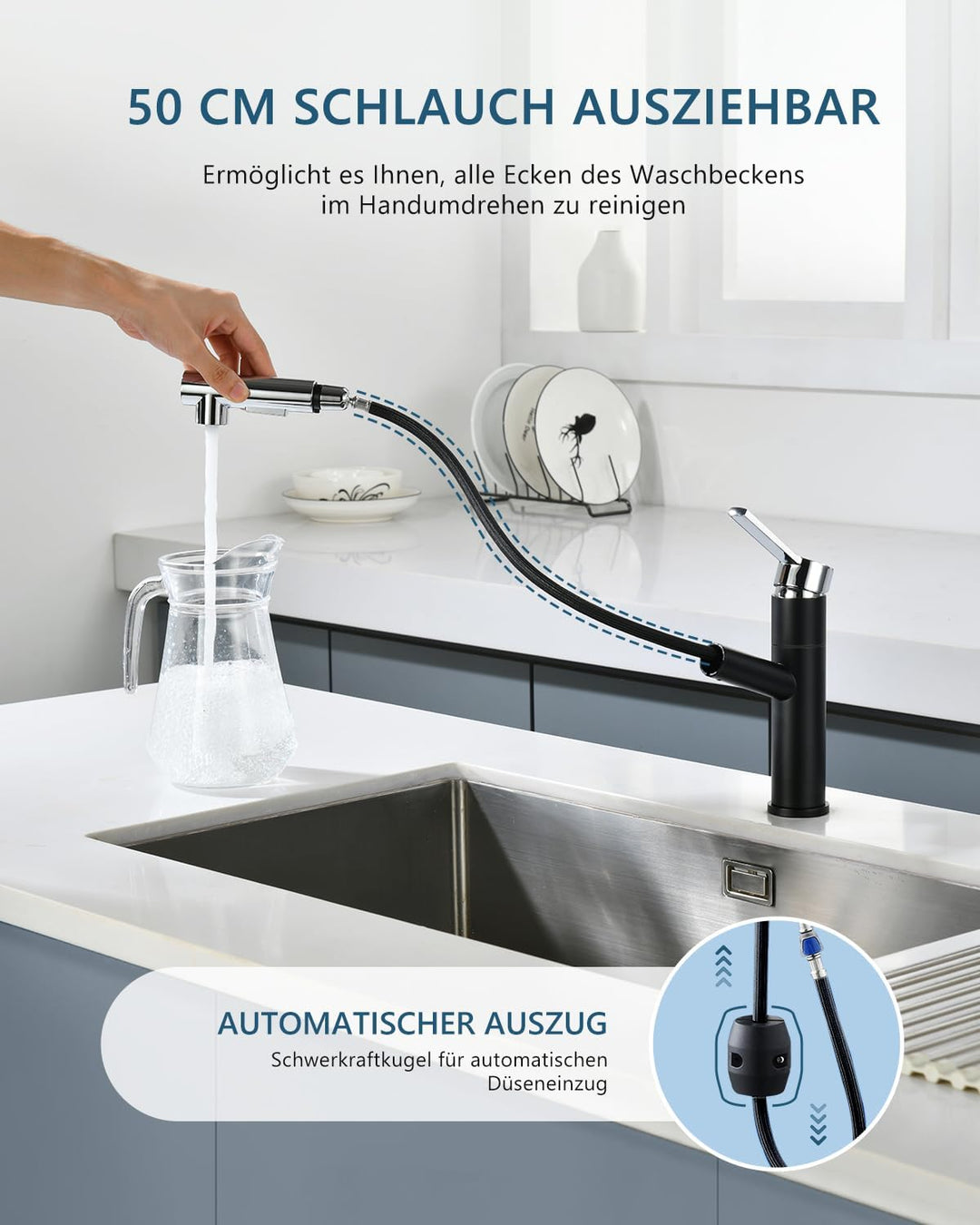 DAYONE Wasserhahn Küche Schwarz und Chrom, Hochdruck Küchenarmatur mit Ausziehbarer Brause, Spültisc