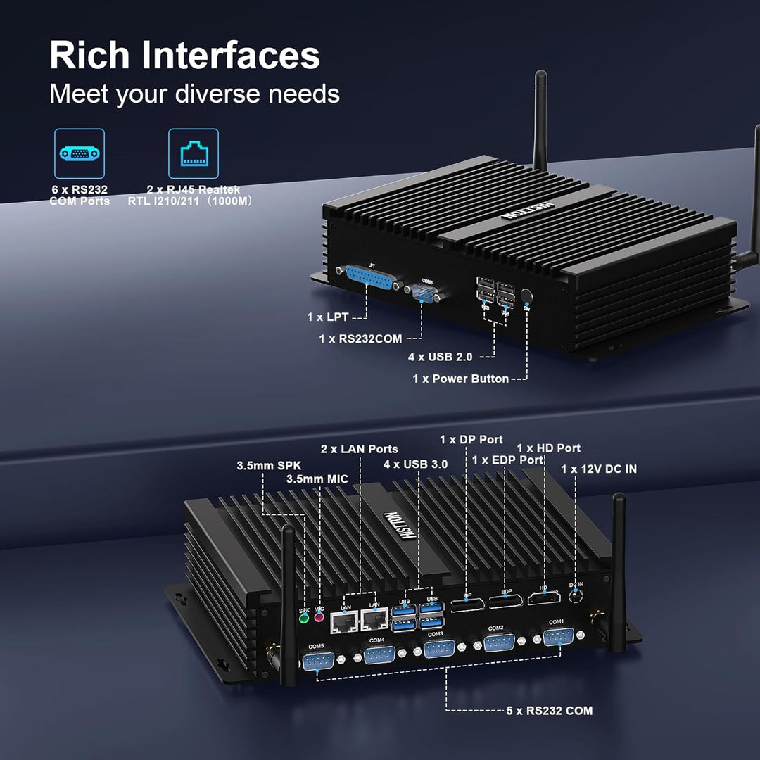 HISTTON Mini PC Lüfterlos Industrie PC Quad Core i7-8550U DDR4 16GB RAM 512GB SSD, 4 RS232 COM+2 RS2