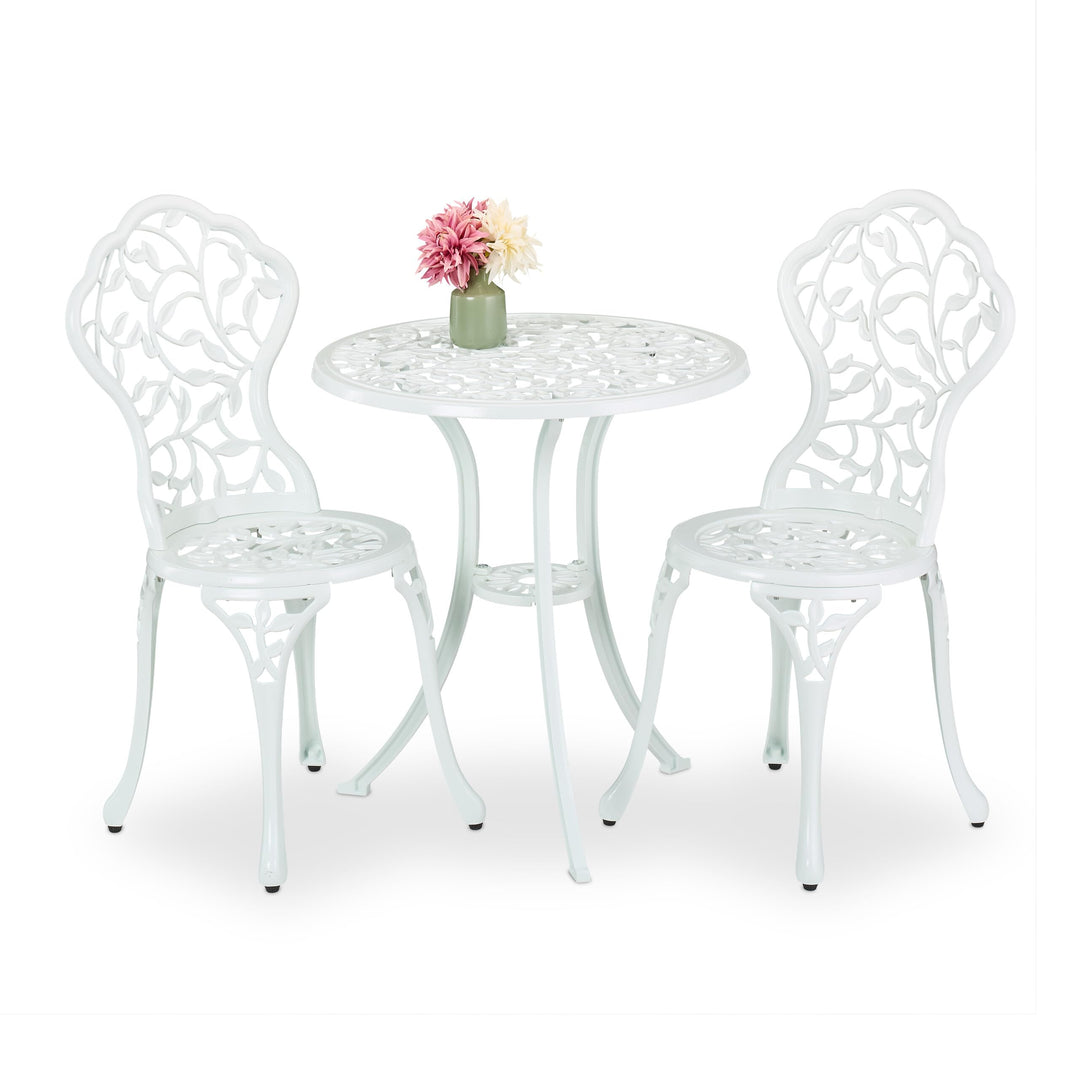 Relaxdays Gartenmöbel Set, 3-teilig, Tisch & 2 Stühle, Aluguss, Balkonmöbel mit Blättermuster, Garte