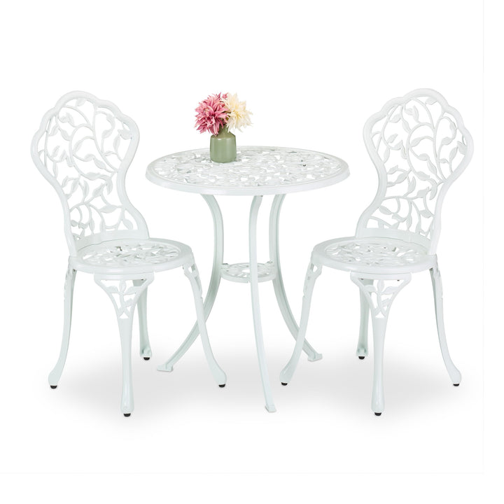 Relaxdays Gartenmöbel Set, 3-teilig, Tisch & 2 Stühle, Aluguss, Balkonmöbel mit Blättermuster, Garte