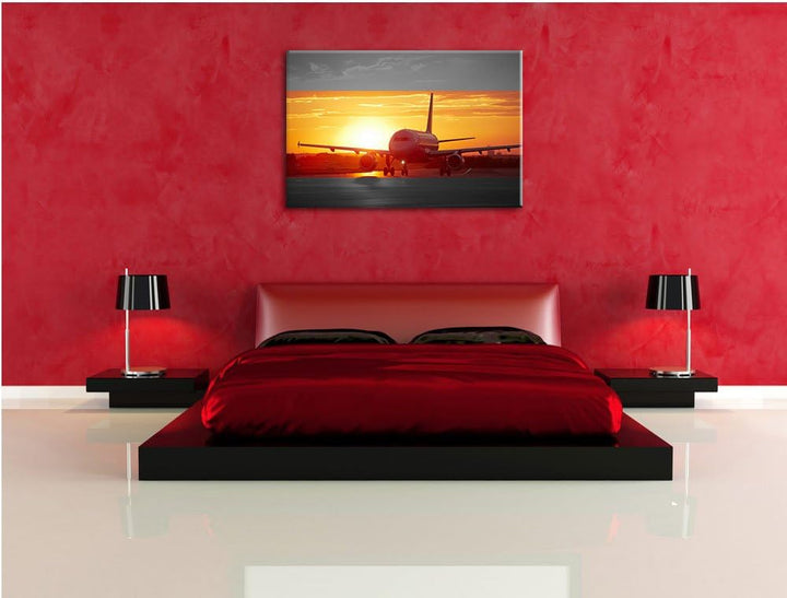 Pixxprint Flugzeug im Sonnenuntergang 100x70cm Leinwandbild Wandbild Kunstdruck, 100x70