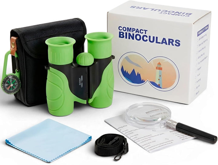 Kinderfernglas 8x21 – Entdecker-Set mit Lupe, Kompass, Tasche und Trageband für Wald, Zoo, Wandern,