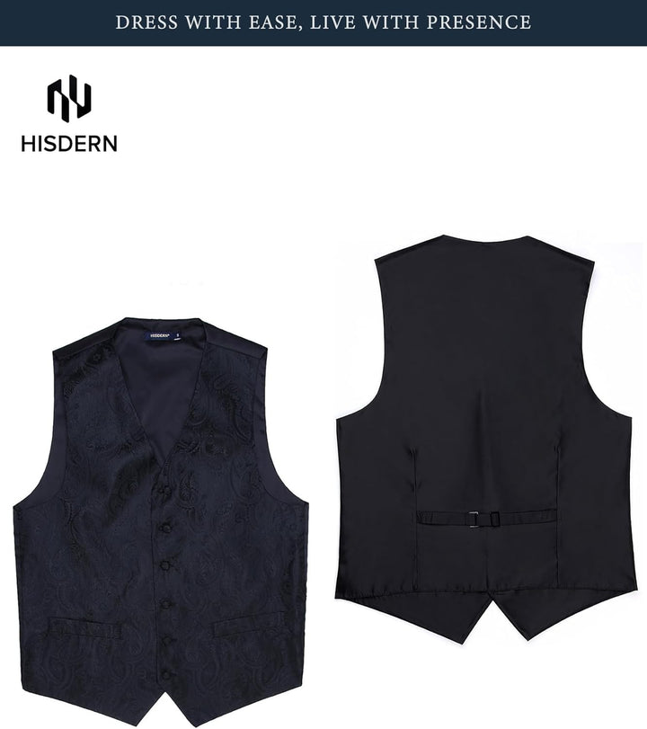 HISDERN Herren FLoral Hochzeit Weste Krawatte Einstecktuch Taschentuch Jacquard Weste Anzug Set XS S