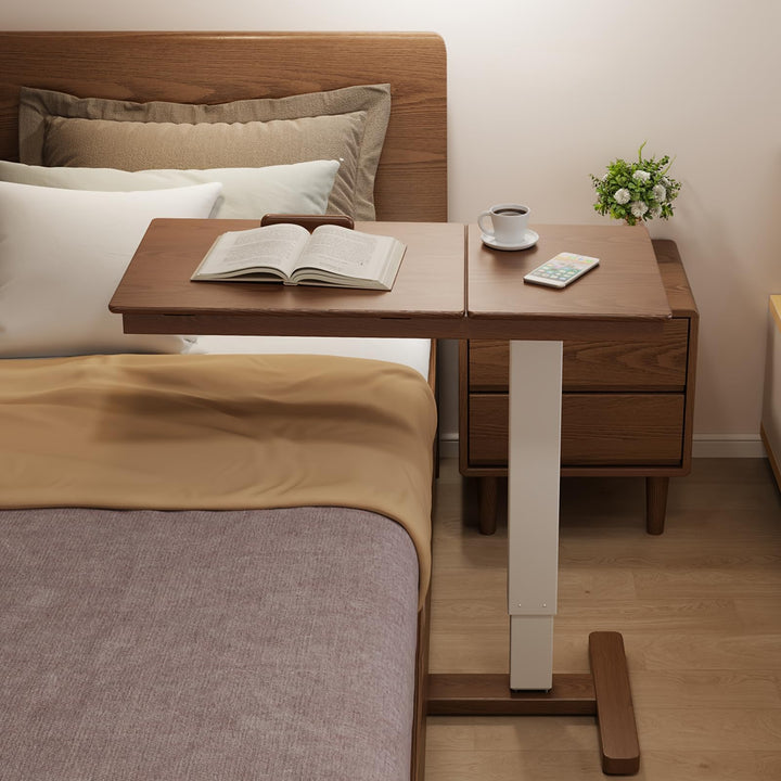 Massivholz-Beistelltisch mit Rollen, mobiler Stehtisch, 80 × 40 cm grosse Tischplatte, verstellbare