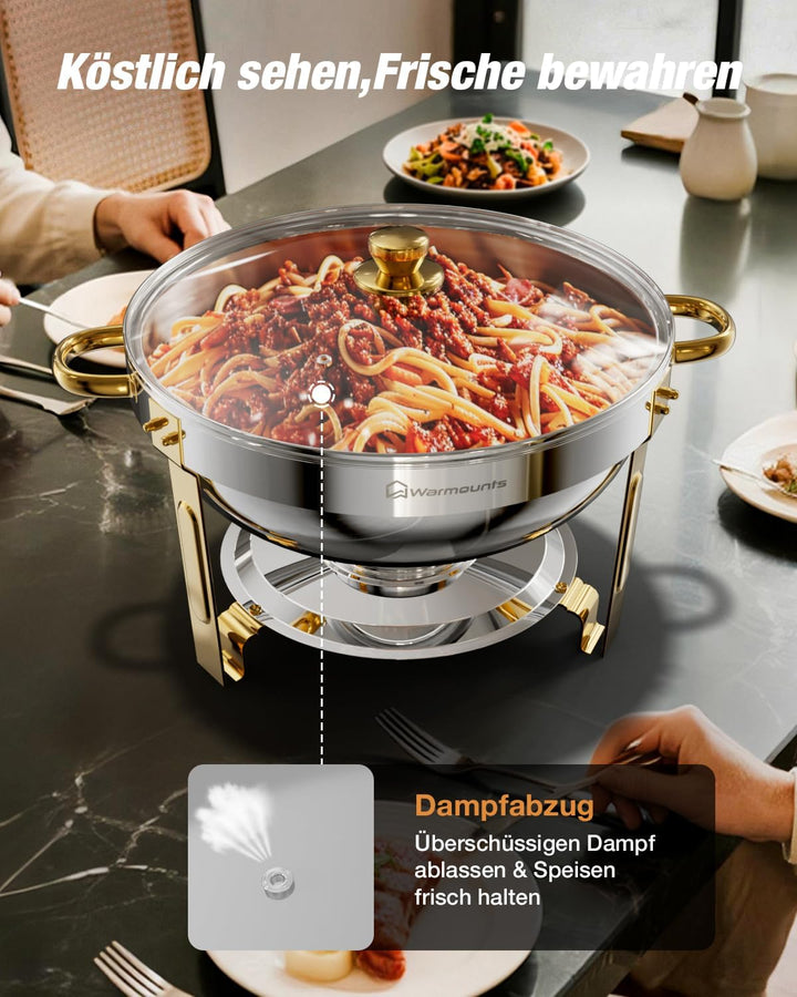 WARMOUNTS 4er Set Silber & Gold Chafing Dish Buffet 5L, Rund Speisenwärmer für Catering mit Glasdeck