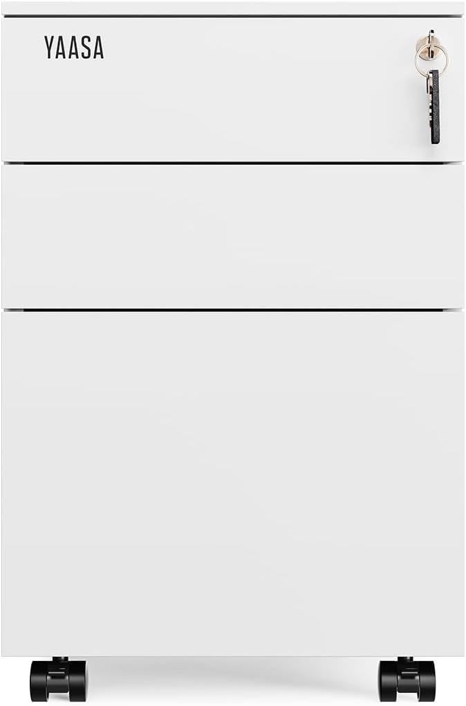 Yaasa File Cabinet Edged Standard Weiss - Rollcontainer aus Stahl, Aktenschrank mit 3 verschliessbar