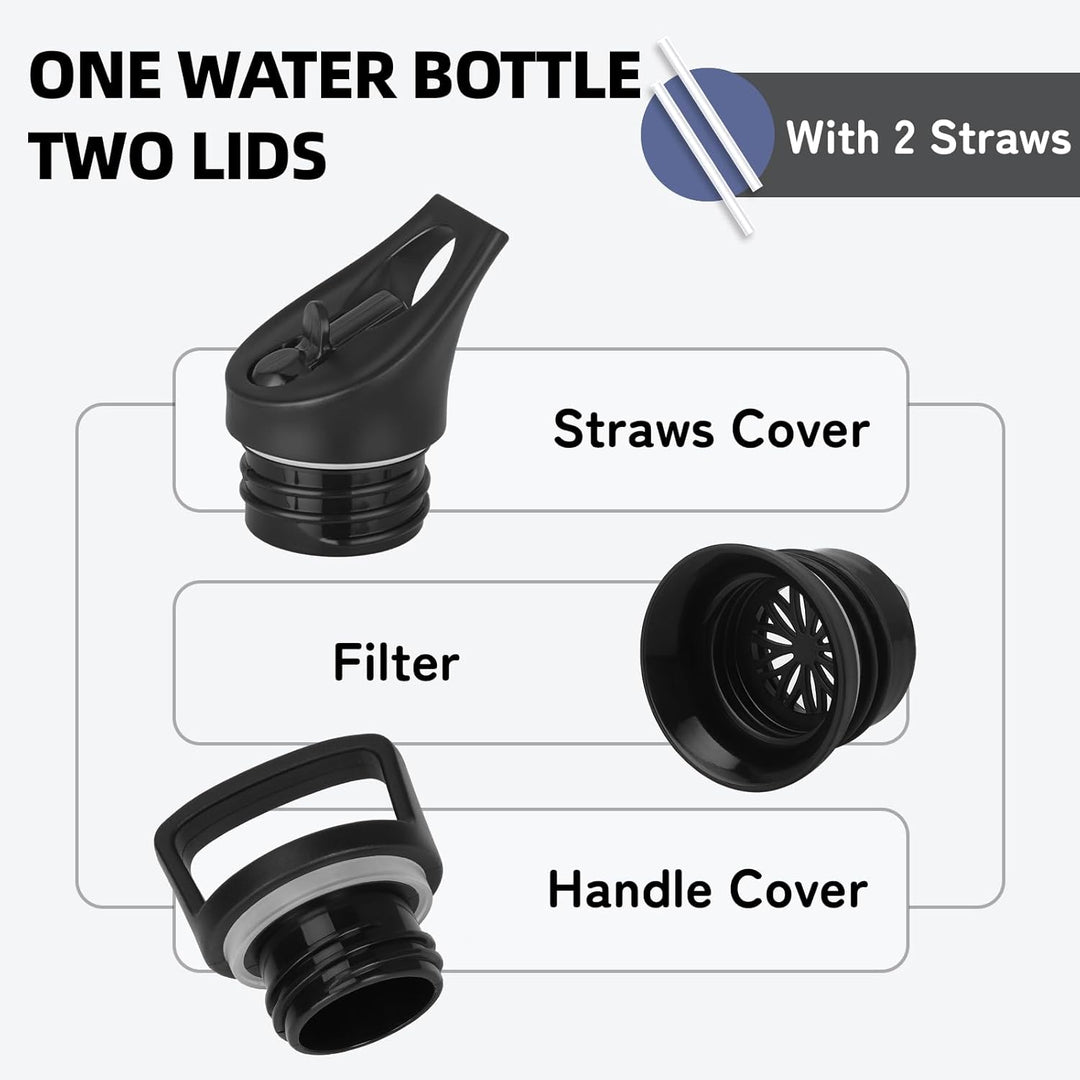 Edelstahl Trinkflasche, Sport Trinkflasche 1 liter, Thermosflasche Mit 2 Deckeln, Doppelwandige Vaku