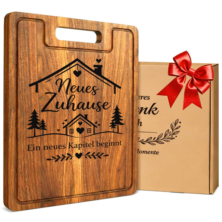 Einzugsgeschenke Wohnung - 38x28x2cm Akazienholz Schneidebrett mit Saftrille - Edles Einweihungsgesc