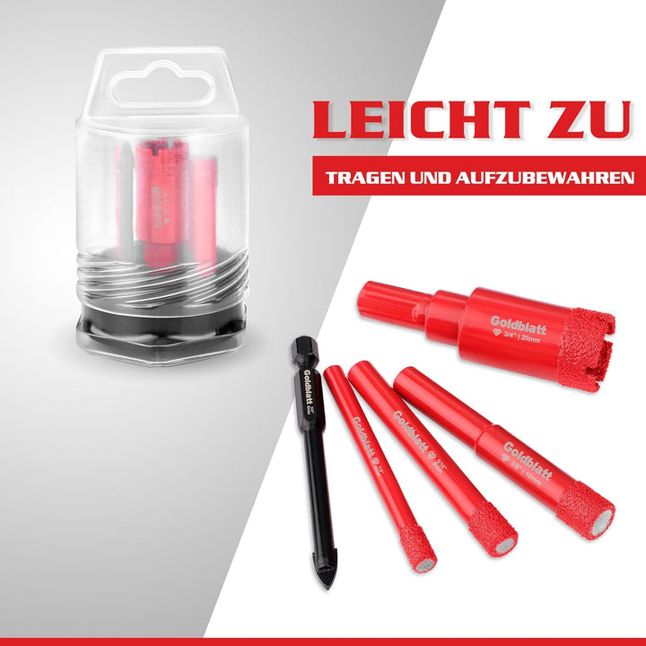 Goldblatt Diamantbohrer Fliesen Set 5 Stück mit 6/8/10/20 mm für präzises Bohren in Keramik Marmor G