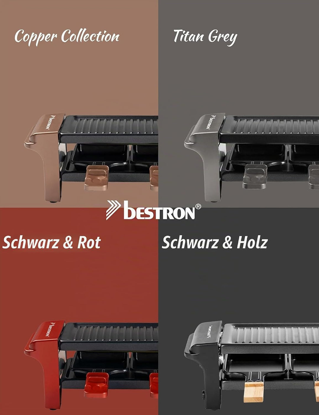 Bestron Raclette für 1 bis 2 Personen, Mini Tischgrill mit zwei Pfännchen, zwei Holzschabern &amp; zwei