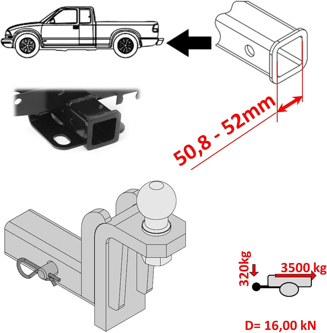 XIMPLIO AHK-Einschub US-Adapter für US-Fahrzeuge Vierkantrohraufnahme (Receiver) 2 Zoll - 51x51mm (H