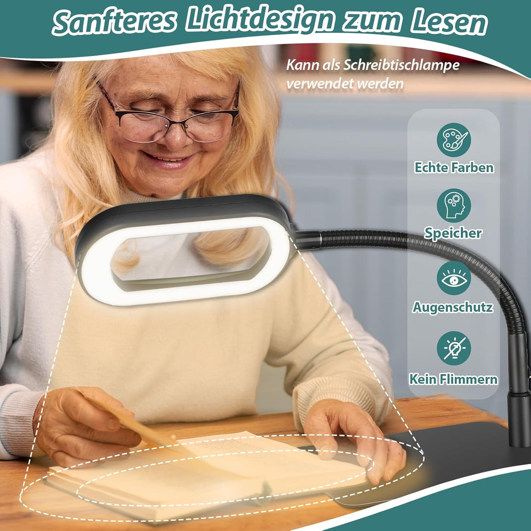 Drdefi 10X Rectangle Lupe mit Licht und Ständer, Echtes Glas Lupenlampe, 5 Farbmodi Stufenlos Dimmba