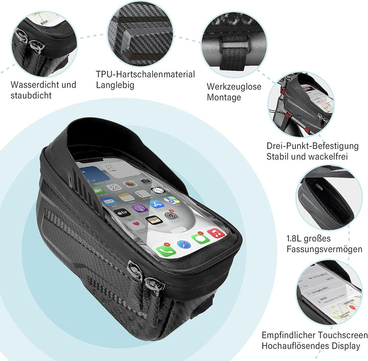 Fahrradtasche Rahmen,1.8L Wasserdicht Handytasche Fahrrad für Smartphone bis zu 6.8 Zoll,mit TPU Sen