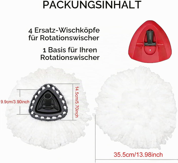 4er Pack Mikrofaser Ersatzköpfe für Vileda Turbo &amp; EasyWring inkl. 1 Dreieckskopf-Basis – Waschbare