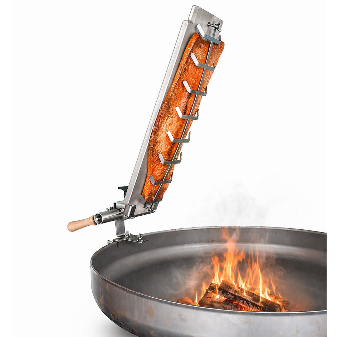Flammlachsbrett Edelstahl Flameboard 600x180 mm für Jede Feuerschale, stufenloser Garwinkel, Bedienu
